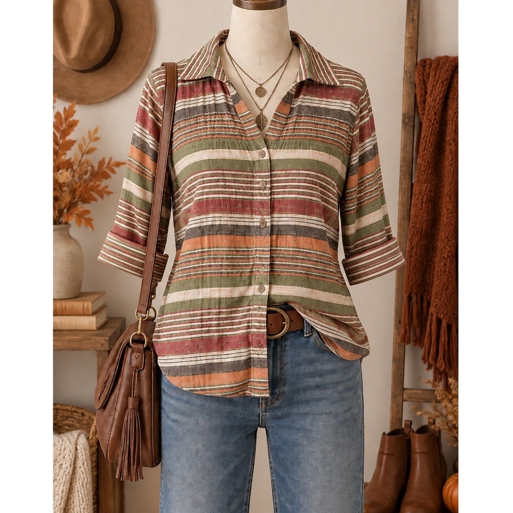 Dressbarn Women Small Striped Button Front Fall Colors Textured Earth Tone Shirt